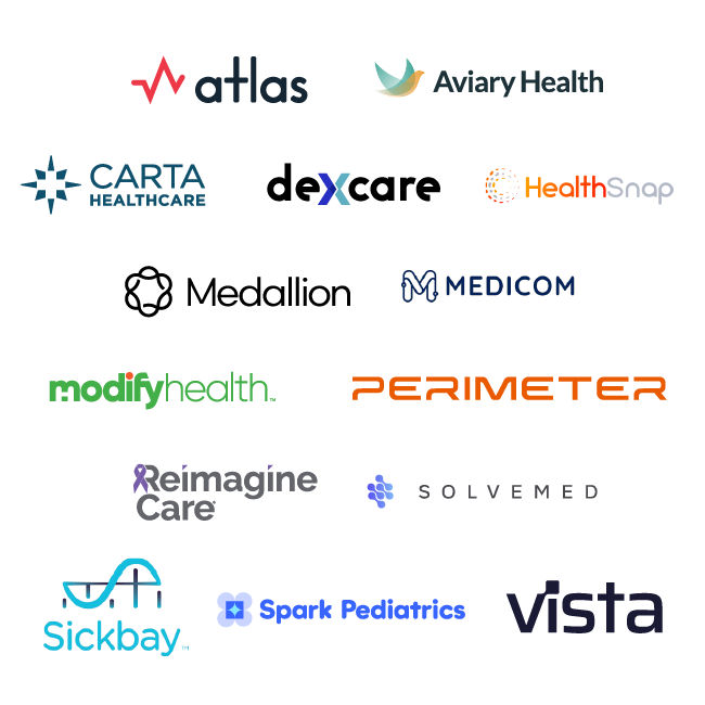 collage of logos featured in the tgh ventures portfolio including Atlas Health, Aviary Health, Carta Healthcare, Dexcare, HealthSnap, Medallion, Medicom, ModifyHealth, Perimeter, Reimagine Care, Solvemed, Sickbay, Vista AI, and Spark Pediatrics 